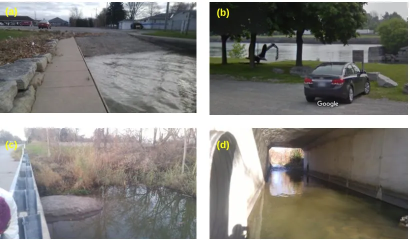 Figure 2.7. Tributary sampling locations. A) Grand River tributary with boat launch, FOV ~2.5 m; B) Welland Canal, field of view is ~4.0 m (Google Maps, 2016); C) Rondeau Inlet, field of view at sand mound is ~6.0 m; D) Leamington Tributary (Sturgeon Creek