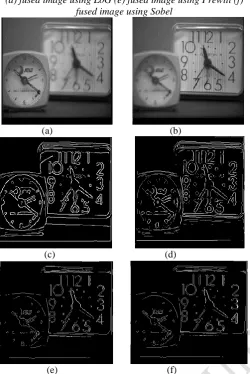 Figure 2: (a) input image with focus on right portion (b) input             (e)                                            (f)                                                                image with focus on left portion (c) fused image using canny (d) fused image using LoG (e) fused image using Prewitt (f) fused image using Sobel 