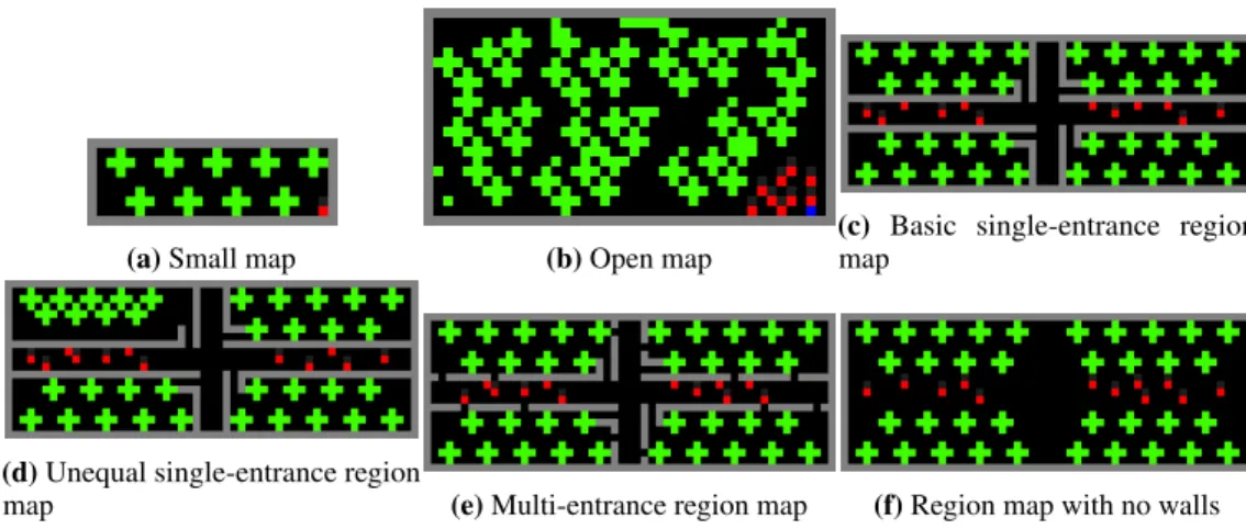 Figure 6: We used six different maps in our experiments. Map 6a is a small environment where a single random player will sometimes harvest all the apples