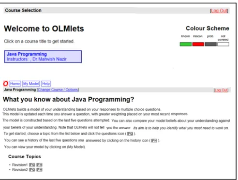 Fig. 1 Screenshot of OLMlets interface: selecting the course (top) and selecting the topic (bottom)