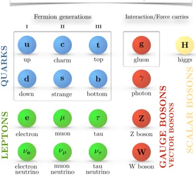 Figure 1.1: The Standard Model of elementary particles in contemporary physics (inspired by [19])