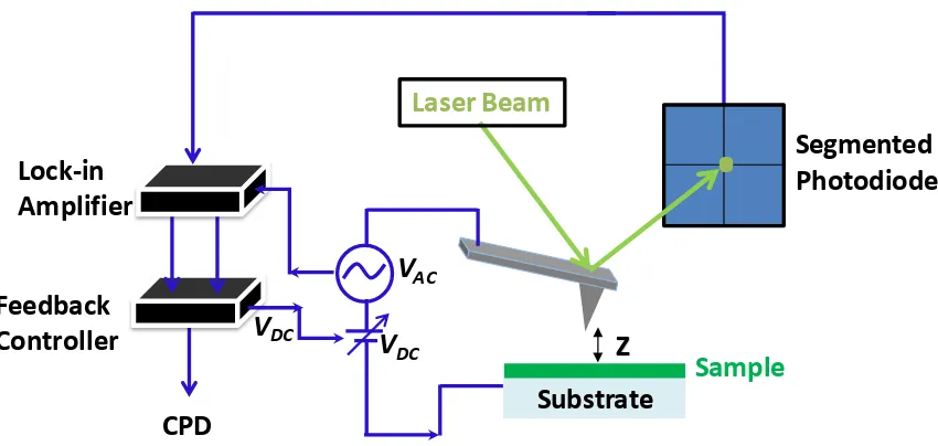 Figure 1.6: Schematic diagram of Kelvin Probe Force Microscopy. A lock in amplifier used at 