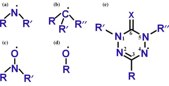 Figure 1.9: Classification of organic radicals based on the atom centres into (a) nitrogen-