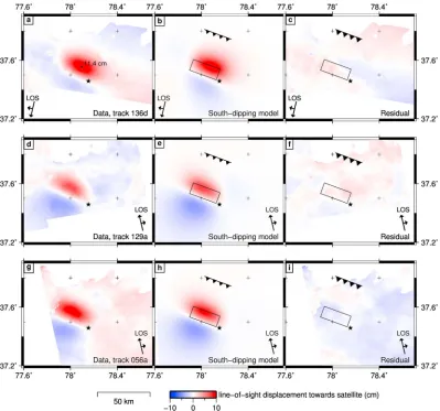 Figure 4. Results of uniform-slip models for the coseismic interferograms. (a) Unwrapped interferogram for track 136,location of maximum line-of-sight displacement toward the satellite of 11.4 cm is marked by the black dot