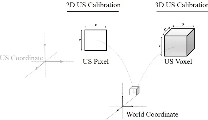 Figure 1.13: 2D vs 3D ultrasound calibration by mapping a pixel vs a voxel to the respectiveposition in world coordinate.