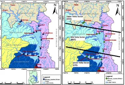Figure 1. Study area showing sampling locations and sectors of the Lake Volta.  