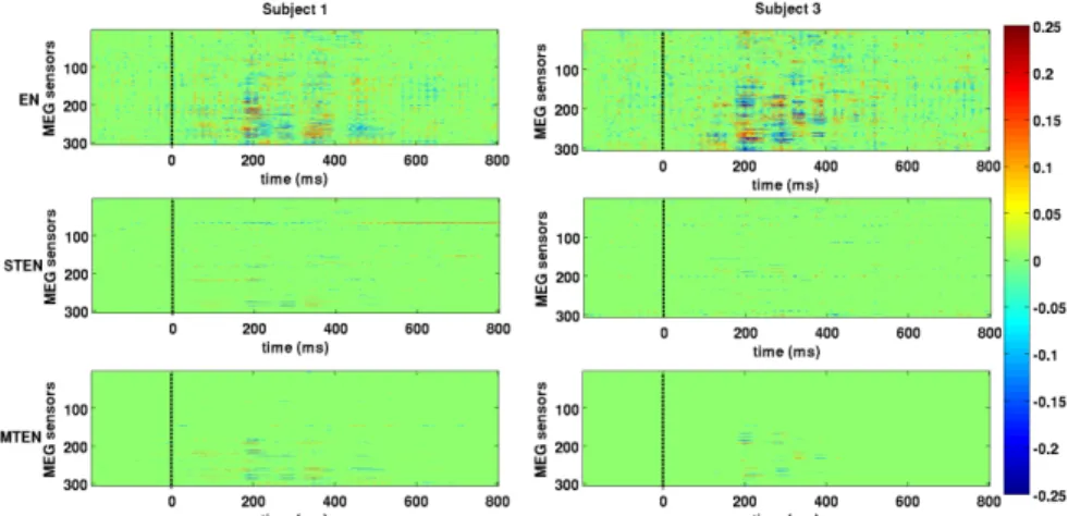 Fig. 2: Spatio-temporal activation patterns of 2 subjects computed by EN, STEN, and MTEN.