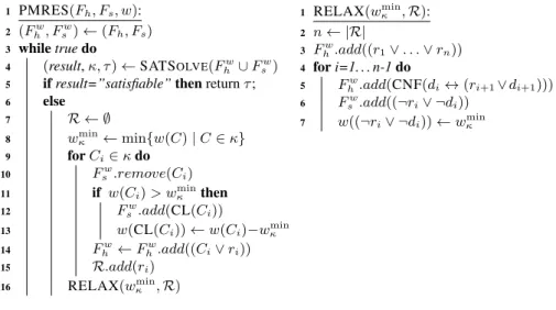 Figure 1 gives PMRES in pseudo-code. When invoked on a MaxSAT instance (F h , F s , w) PMRES works by iteratively calling a SAT solver (line 4) on a working formula,  ini-tialized to F h [ F s , i.e., considering all hard and soft clauses of the input form
