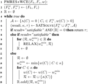 Fig. 2: PMRES+WCE, the PMRES algorithm with WCE. In the pseudocode, the assumption variable of a soft clause C used in core extraction is given by A (C).