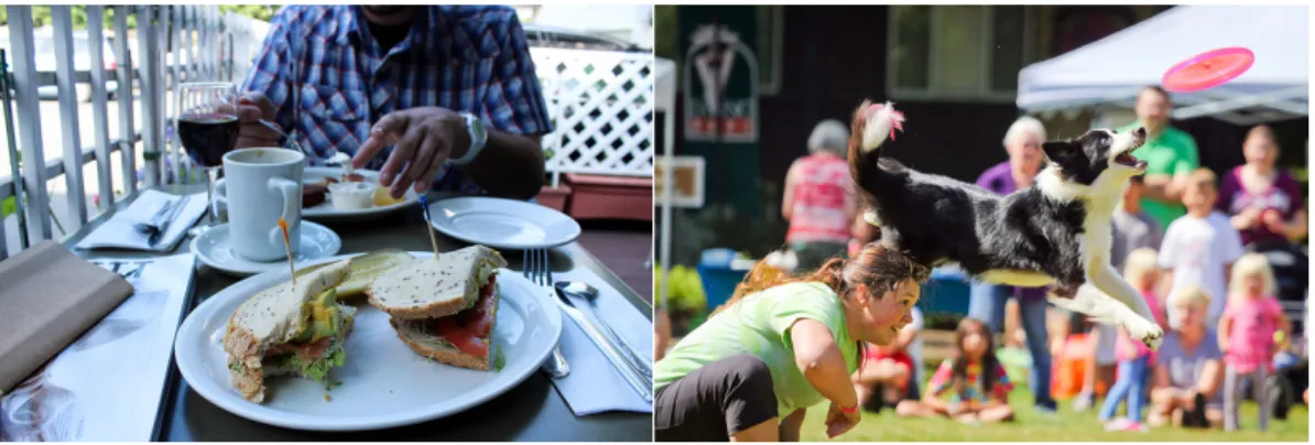 Figure 1.2: Examples of how contextual layout assists attribute prediction in wild. The person (on left) and the dog (on right) should be respectively labeled with the attributes eating and catching.