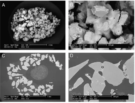 Figure 2-6 SEM micrographs at different magnifications of a typical agglomerate sample (A), details 