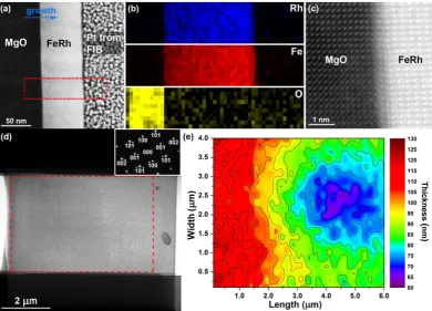 Figure 2. (a) DF STEM image of a cross-section of sample 1, showing the FeRh thin film grown on the MgO substrate