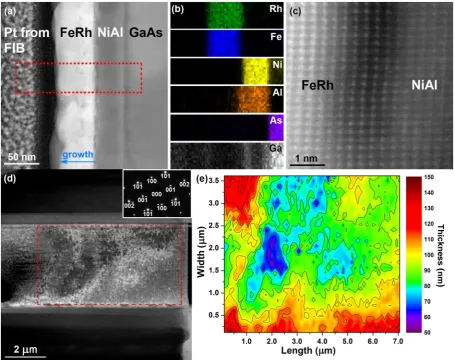 Figure 3. (a) DF STEM image of a cross-section of sample 2, showing the FeRh thin film grown on the NiAl buffer and GaAs substrate
