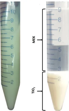 Figure 3.2:Methyl-ethyl-ketone (MEK) and TiO2 result. Original product became opaqueand solidiﬁed, therefore additional MEK was added and sonicated, as advised by the supplier(left)