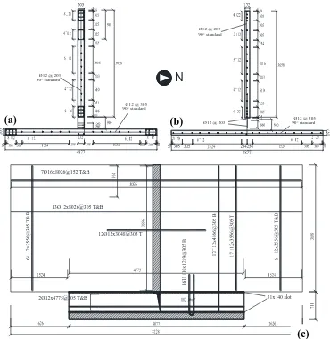 Fig. 3  Reinforcement details for the test structure: (a) web and flange walls at first level; and (b) web and flange walls at levels 2-6; and (c) floor and link slabs at all levels 