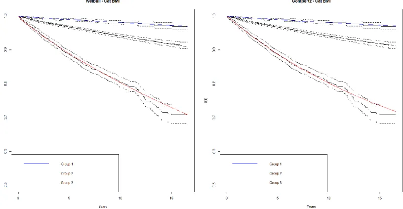 Figure 6. Weibull and Gompertz Distribution survival plot for BMI categories.