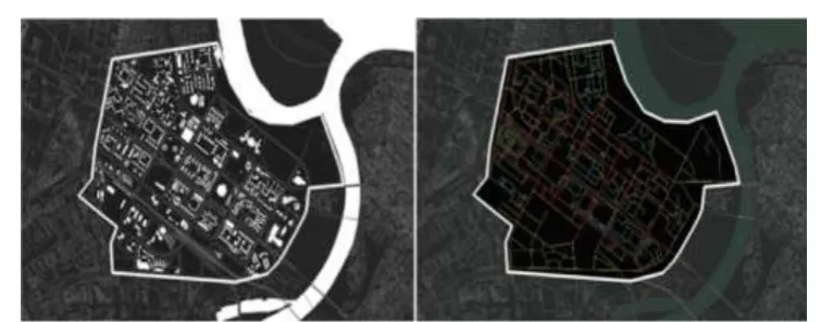 Fig. 5:  The Volume subsystem. Right: Interface. The warmer the colour indicates the higher of mean depth for the link: (the analysis is carried out using the software “Dephtmap” developed by Space Syntax team in University College London)