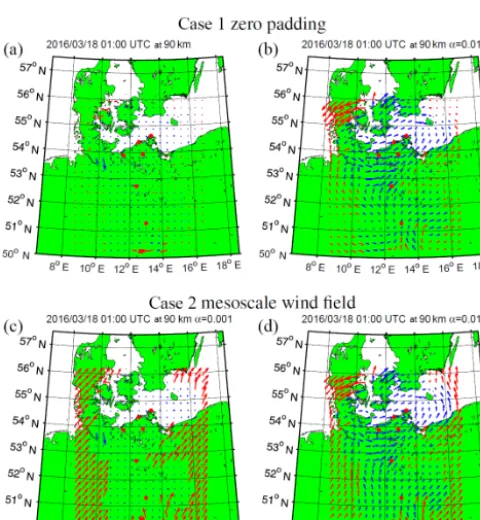Figure 5. Comparison of 2-D wind ﬁelds for three different α = 0.014, α = 10, and α = 0.000001