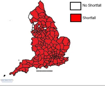 Figure 1: Areas in England where there is a shortfall between the LHA rate for a two-bedroom property and local market rents