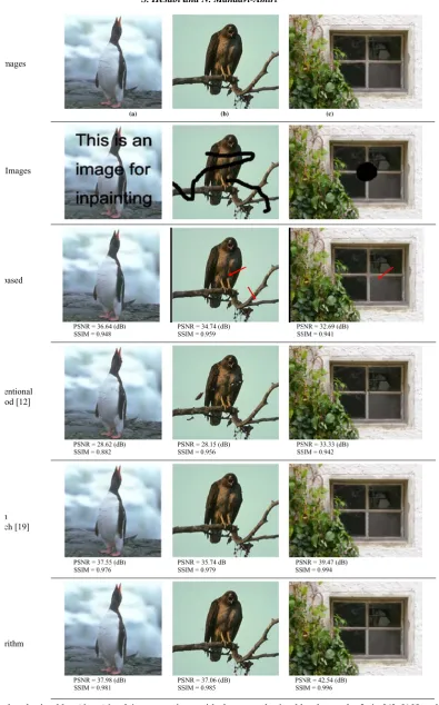 Fig. 8. ResuFirsults obtained bst and second results of PDpresented ianby Algorithm 2rows are the oDE-based technin the fourth rond the last row2 in comparisooriginal and dnique [4], the ow, the resultsw demonstrateon with the ondegraded imagresults of con