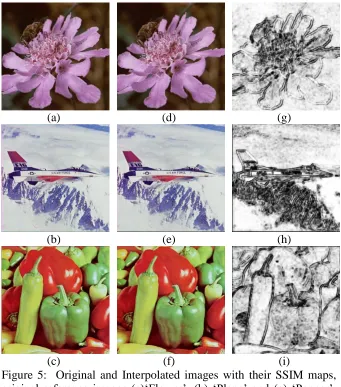 Figure 5:  Original and Interpolated images with their SSIM maps, original reference images (a)‘Flower’, (b) ‘Plane’ and (c) ‘Pepper’, 