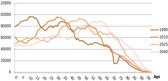 Figure 10 – Age profile of the Slovak population in 1990, 2010, 2025 and 2040, medium scenario 