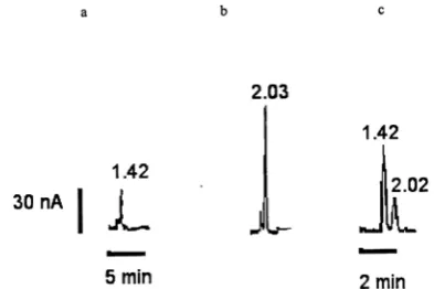 Figure 3. Typical chromatograms of (a) blank mobile phase, (b) amoxycillin standard solution (5.0 µg/ml) and (c) amoxycillin (about 2.5 µg/ml) in sample solution of Co-amoxyclav 625 tablets (Applied potential E=1180mV)
