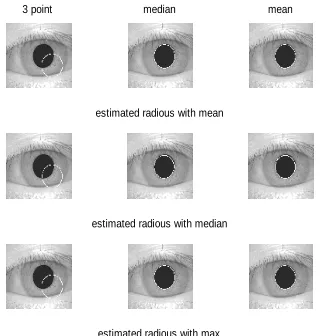 Figure 5:  Achieving pupil center by three methods (mean, median, and three points) and radius with three methods (mean, median, and maximum) for image 002_1_1