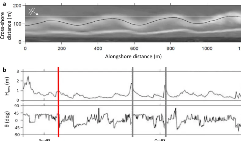 Figure 9. Example of the Idt coupling type observed at Duck, NC, USA. The video image in (a) is from 4 September 1998, indicated bythe solid red line in the time series in (b), showing the offshore root-mean-square wave height Hrms (top) and angle of wave 
