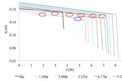 Figure A1. Temporal evolution of the longitudinal proﬁle of deltaelevation. The blue and red blue ovals respectively denote the loca-tion of the ﬁrst and second small delta fronts