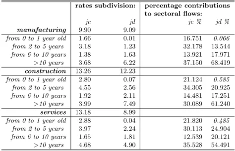 Table 6: Job flows by macrosectors and age classes of firms