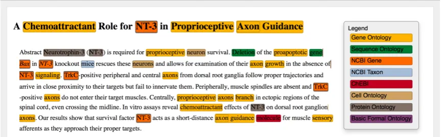 Figure 3: OA Explorer shown visualizing annotations from the CRAFT corpus (Bada et al., 2012) con-verted to OA and served from the OA Store.