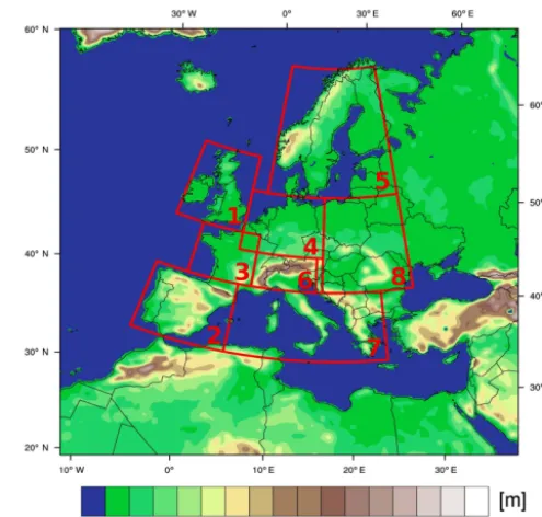 Figure 1. CCLM modelling domain (EURO-CORDEX domain):Model orography and PRUDENCE regions