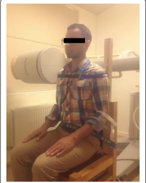 Fig. 1 shows the experimental chair with the subject in the sittingposition. Straps around shoulders, elbows and waists were used torestrict movements below the cervical spine