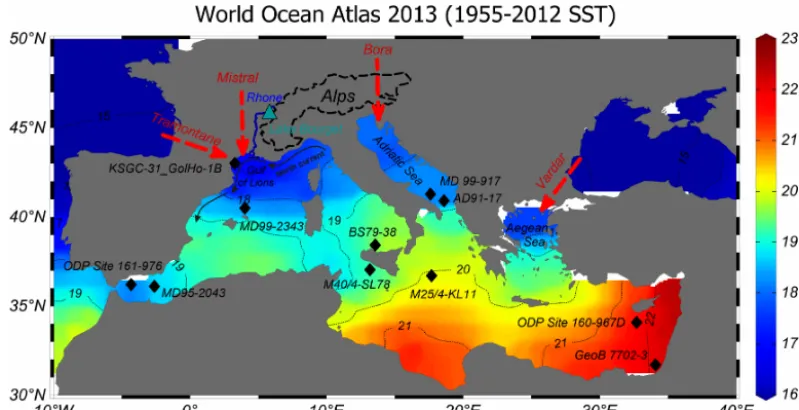 Figure 1. Map of the Mediterranean annual mean SSTs (◦C; 1955 and 2012) from Word Ocean Atlas 2013 (http://odv.awi.de/de/data/ocean/world_ocean_atlas_2013/) plotted using Ocean Data View (Brown, 1998)