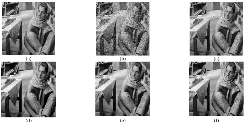 Figure 3. Barbara images obtained by different median filtering methods: (a) original image, (b) noisy image added by salt and pepper noise with density 0.2, (c) SMF, (d) EMF, (e) AMF, and (f) the proposed method  