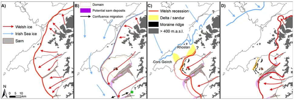 Figure 8. Proposed schematic sequence of events during the Last Glacial Maximum (LGM) in NW Wales (Welsh Ice: red; Irish Sea ice: blue):(A) Prior to advance of the Irish Sea Ice Stream, Welsh ice inundated the near-shore areas of Cardigan Bay