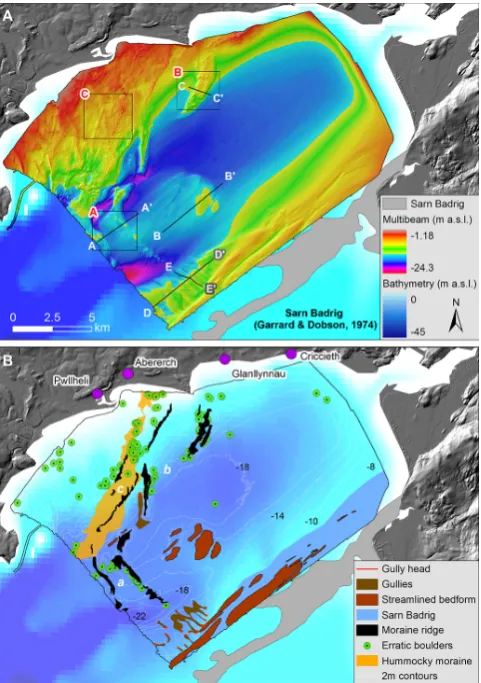 Figure 2. (A) Hillshaded high-resolution bathymetry of TremadogBay with locations of the transects in Fig