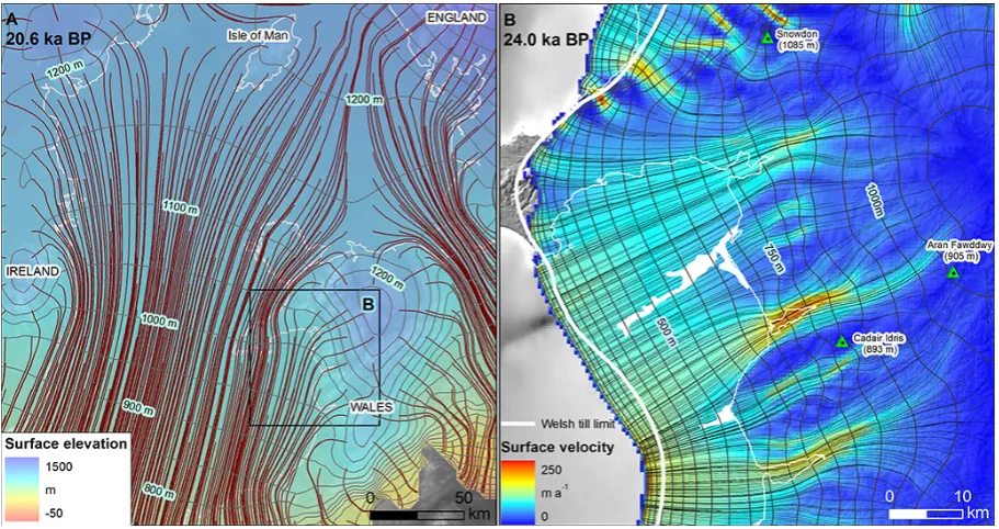 Figure 5. (A) Numerically modelled ﬂowlines in the Irish Sea Basin and Welsh domain during the Last Glacial Maximum (LGM)