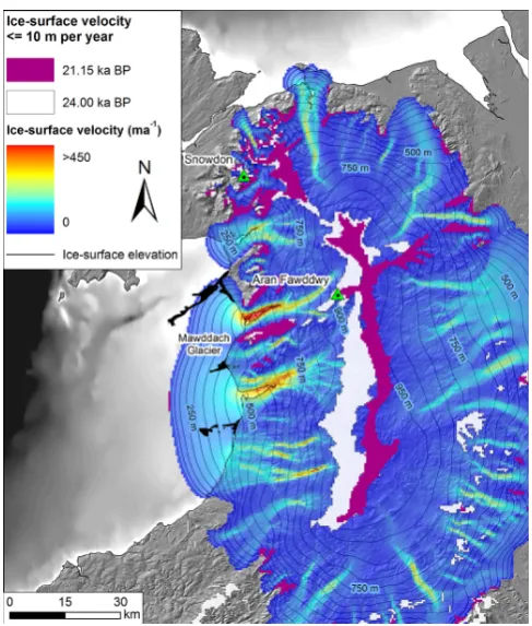 Figure 7. Modelled eastward migration of the central ice dividebetween 24.0 and 22.3 ka BP signiﬁcantly aﬀects the asymmetricresponse of the Welsh Ice Cap to renewed positive mass balanceduring a short-lived climatic downturn in the GISP2 forcing curve.At 22.3 ka BP the ice divide covering Snowdonia remains static,whilst further south around Aran Fawddwy the upper reaches ofthe Mawddach outlet glacier catchment have notably increased.