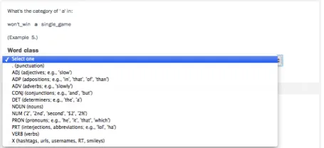 Figure 1: Five annotations per token, supplied by 6different annotators (- = missing annotation), goldlabel y 