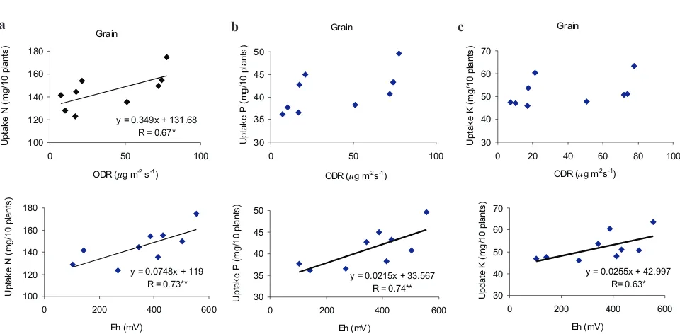 Fig. 7. Relation between oxygenation indexes (ODR, Eh) and nitrogen (a), phosphorus (b), and potassium (c) accumulations in triticalegrain cv