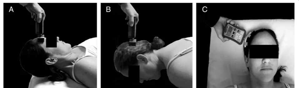 Figure 1 Cervical muscle isometric strength test positions for flexion (A), extension (B), and side bending (C).