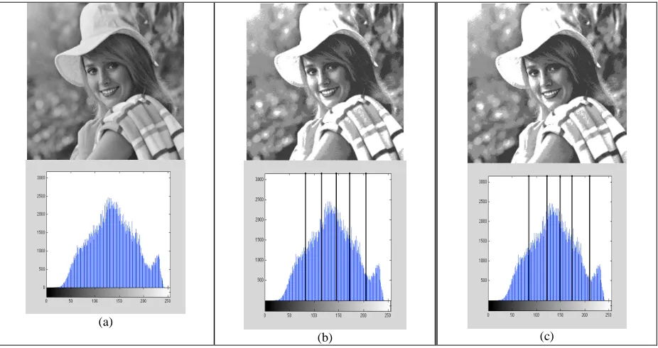 Fig. 5. Gray scale image and histogram of a) Original House b) Proposed Method c) Adaptive PSO for c=5 thresholds  