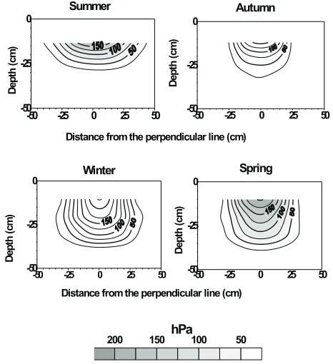 Fig. 4. Seasonal changes in the pattern of pressure bulbs in a Hapludand under forest as a function of different soil moisturecontents.