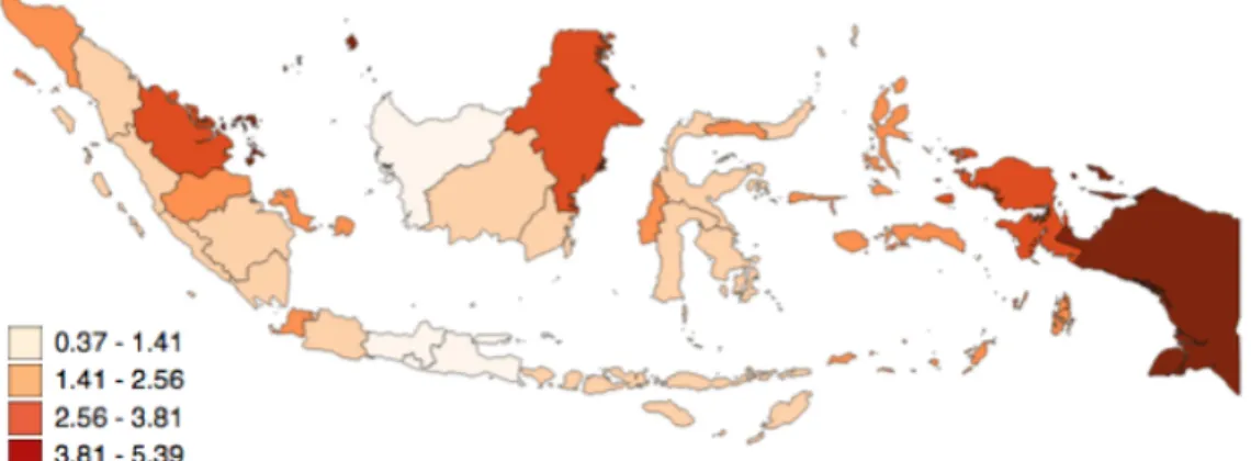 Figure 5.16: The average population growth by Indonesian provinces between 2000 and 2010.