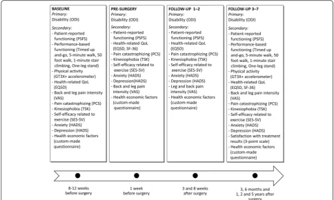 Fig. 4 Overview of the baseline and follow-up sessions. EQ-5D, EuroQol 5 Dimensions Questionnaire; HADS, Hospital Anxiety and DepressionScale; ODI, Oswestry Disability Index 2.0; PCS, Pain Catastrophizing Scale; PSFS, Patient-Specific Functional Scale; QoL, quality of life; SES-SV,Self-efficacy Scale for Exercise; TSK, Tampa Scale for Kinesiophobia; SF-36, Short Form (36) Health Survey; VAS, Visual Analogue Scale of Pain