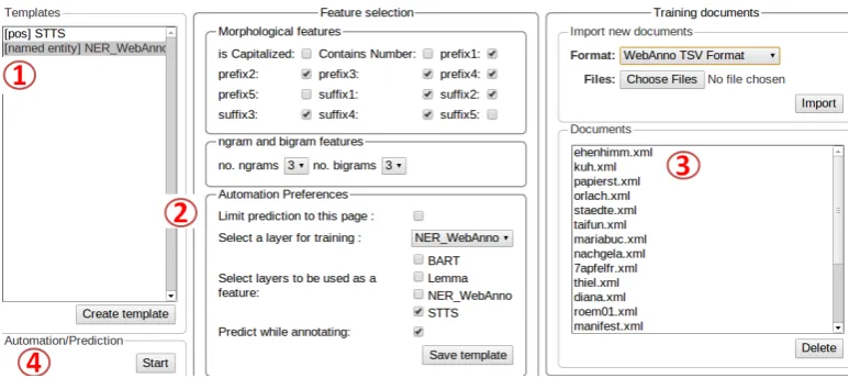 Figure 2: Conﬁguring an annotation suggestion: 1) layers for automation, 2) different features, 3) trainingdocuments, 4) start training classiﬁer.