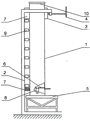 Fig. 1. A lay-out of a measuring stand: 1 - cylindrical silo; 2 -frame; 3 - block; 4 - regulation screw; 5 - stand; 6 - bottom; 7- spacing elements; 8, 9 - extensometrical sensors; 10 -cover.