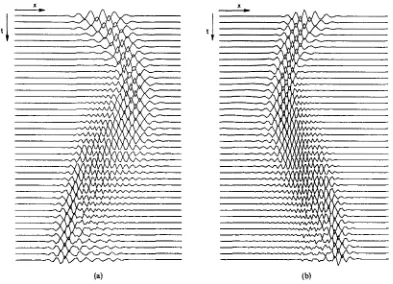 Figure 4. 1D Euler equations-internal reflections of simple waves on a 2% expanding grid, evolution of density profiles: (a) (u) wave; (b) (u-c) wave 
